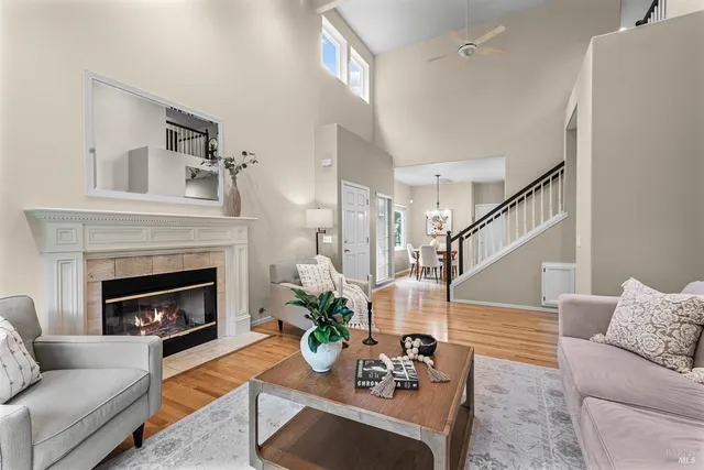 a living room with furniture a fireplace and a potted plant