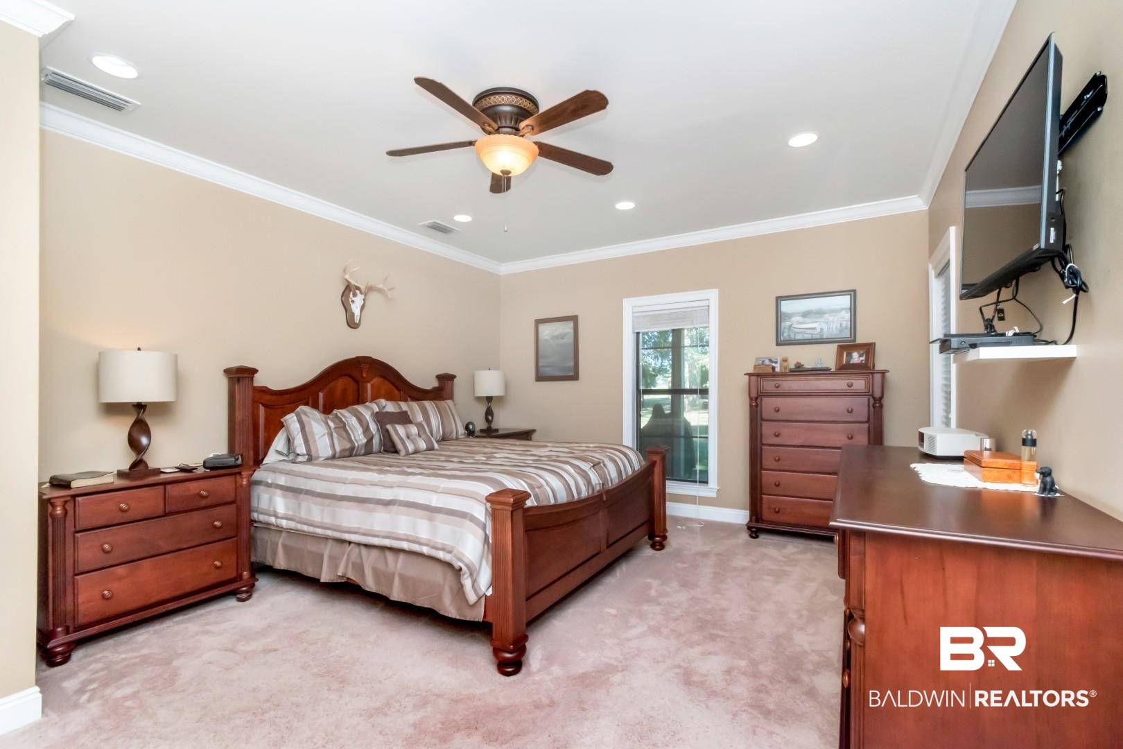 1360 Dykes Road North Mobile, AL 36608 - Photo 16 of 40 Bedroom with ornamental molding, light carpet, a ceiling fan, and recessed lighting