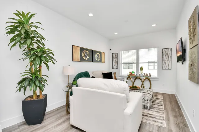 a living room with furniture and a potted plant