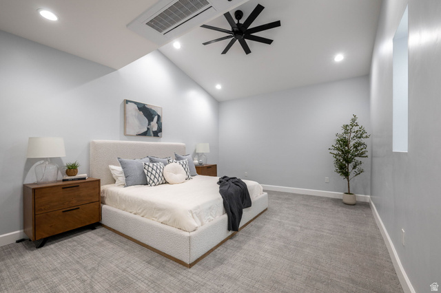 476 Spring Drive Toquerville, UT 84774 - Photo 42 of 95 Bedroom with light carpet, ceiling fan, vaulted ceiling, and recessed lighting
