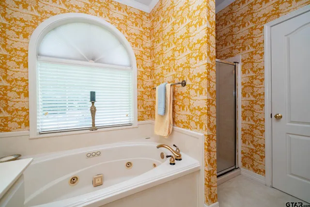 a bathroom with a bathtub and shower