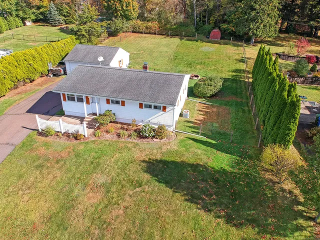 a view of a house with a big yard potted plants and a large tree