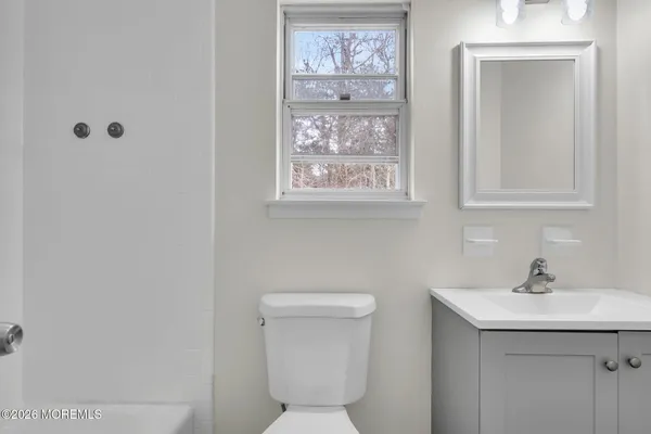 a bathroom with a sink a toilet and mirror