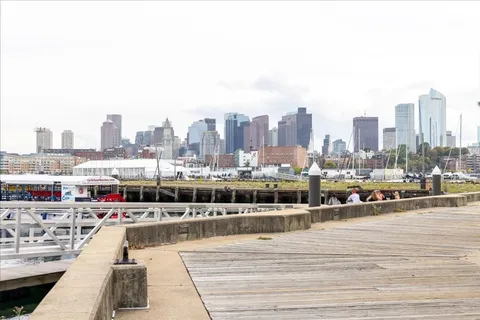 a view of a lake with tall buildings