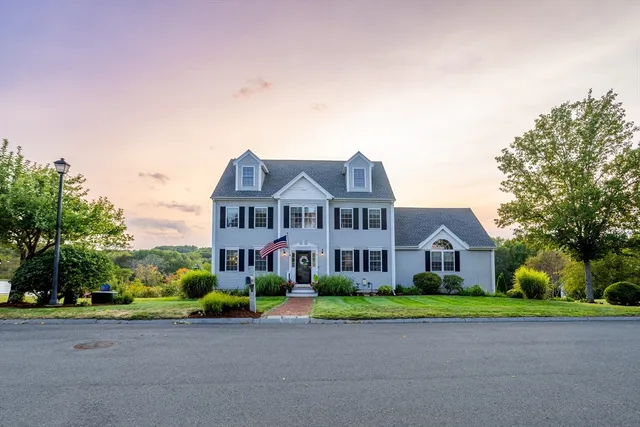a front view of house with yard and green space