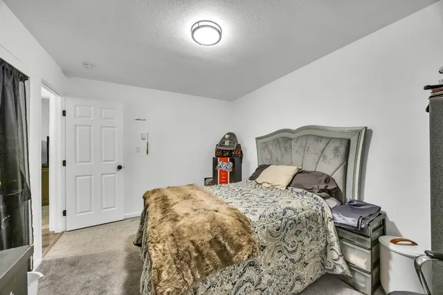 a bedroom with a bed and a closet