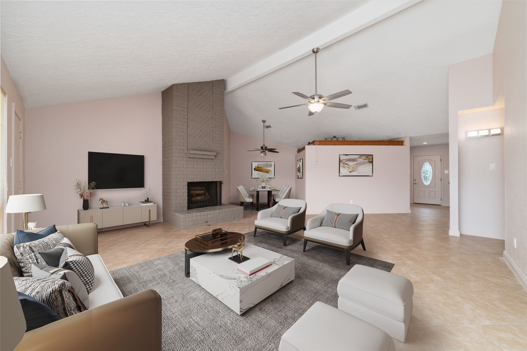 21603 Slippery Creek Lane Spring, TX 77388 - Photo 12 of 28 a living room with furniture a fireplace and a flat screen tv