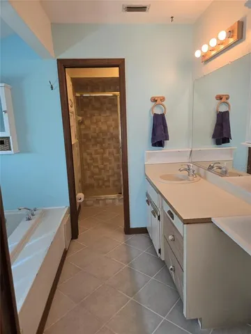 a bathroom with a tub sink and mirror