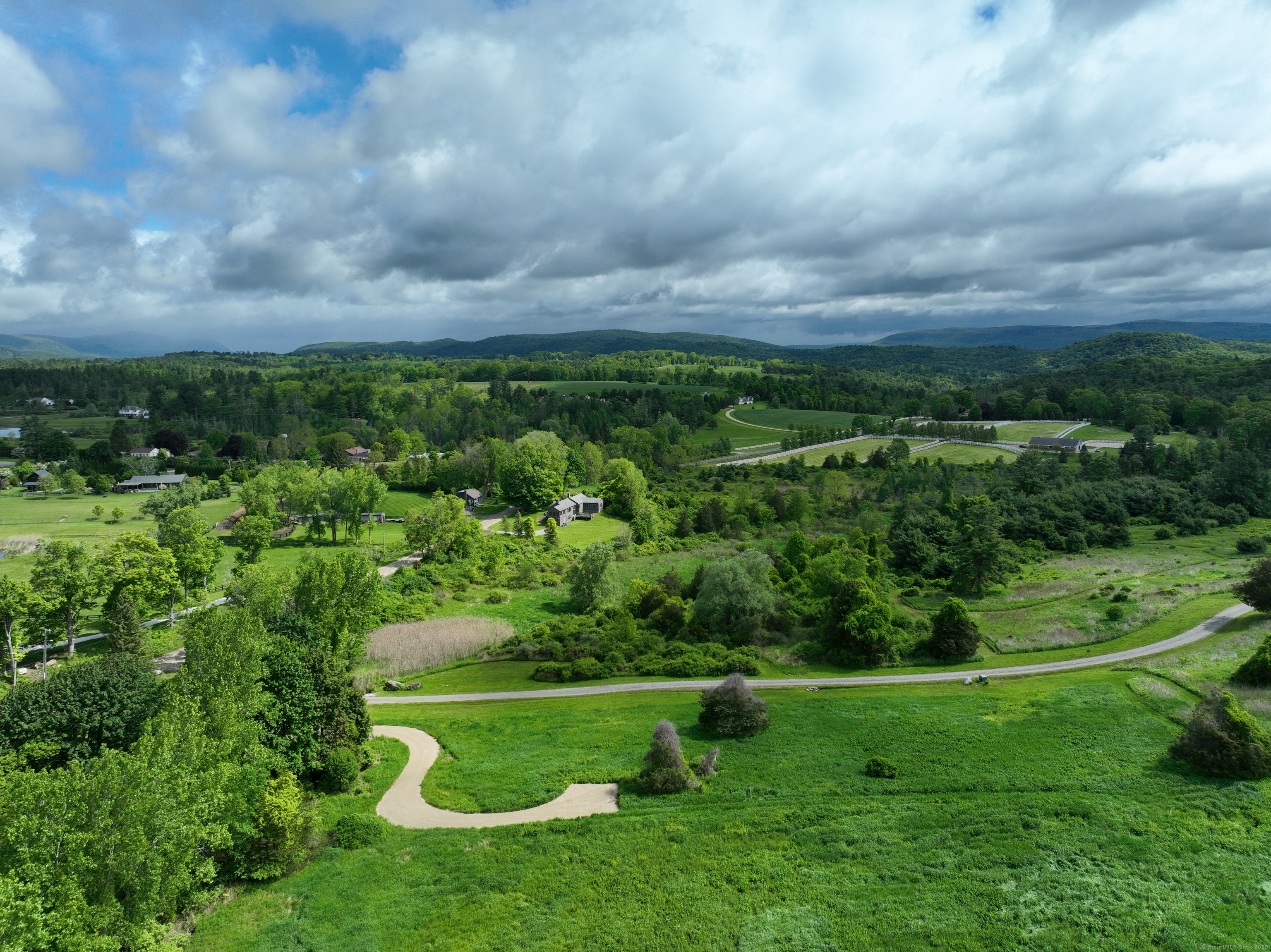 a view of a city with lush green forest