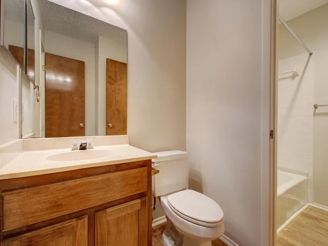 a bathroom with a sink a toilet a mirror and vanity