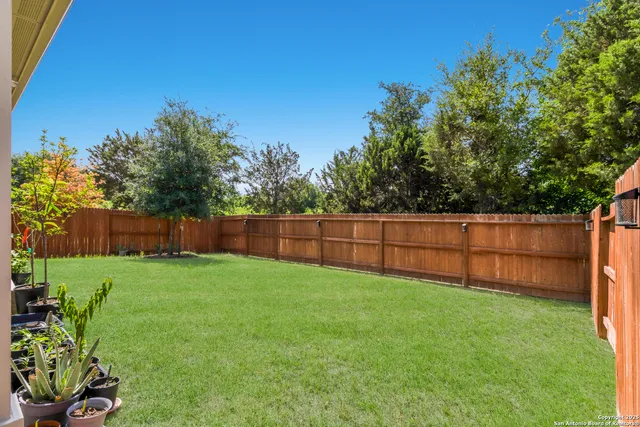 a view of a backyard with potted plants and wooden fence