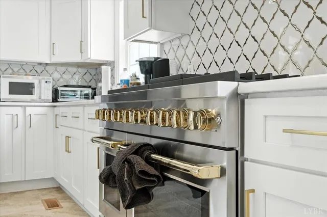 a bedroom with a bed and a table