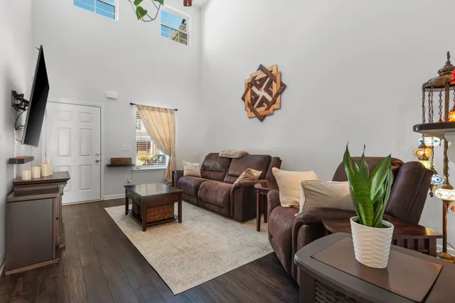 a living room with furniture potted plant and a flat screen tv