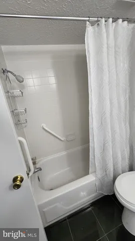 a bathroom with a shower and a toilet