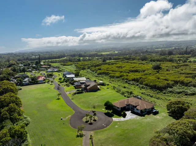 an aerial view of residential houses with outdoor space and trees