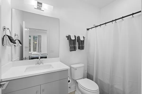 a bathroom with a sink a toilet a mirror and shower curtain