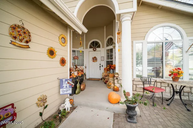 an outdoor space with furniture
