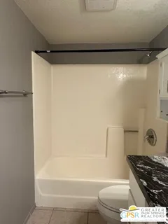 a bathroom with a shower and a toilet