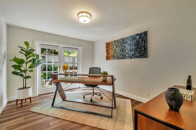 an outdoor space with seating