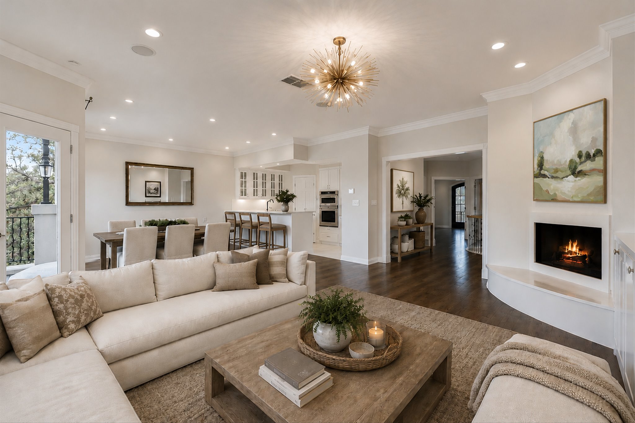 1910 Rue De St Tropez, Unit 4 Austin, TX 78746 - Photo 3 of 27 Spacious open-concept living area featuring wood-finish flooring, a contemporary fireplace, and a sputnik chandelier