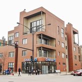 a view of a building and a street