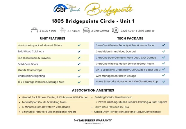 $624,000 | 1805 Bridgepointe Circle, Unit 1, Vero Beach, FL 32967