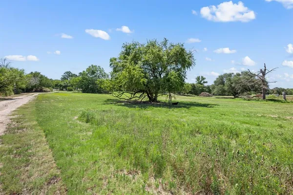 a view of a field with trees in the background