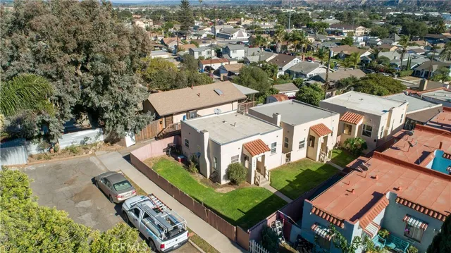 an aerial view of a house with a garden