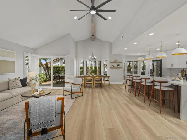 a living room with a couch and a potted plant