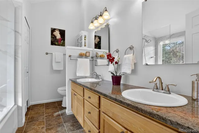 a bathroom with a double vanity sink mirror and a toilet