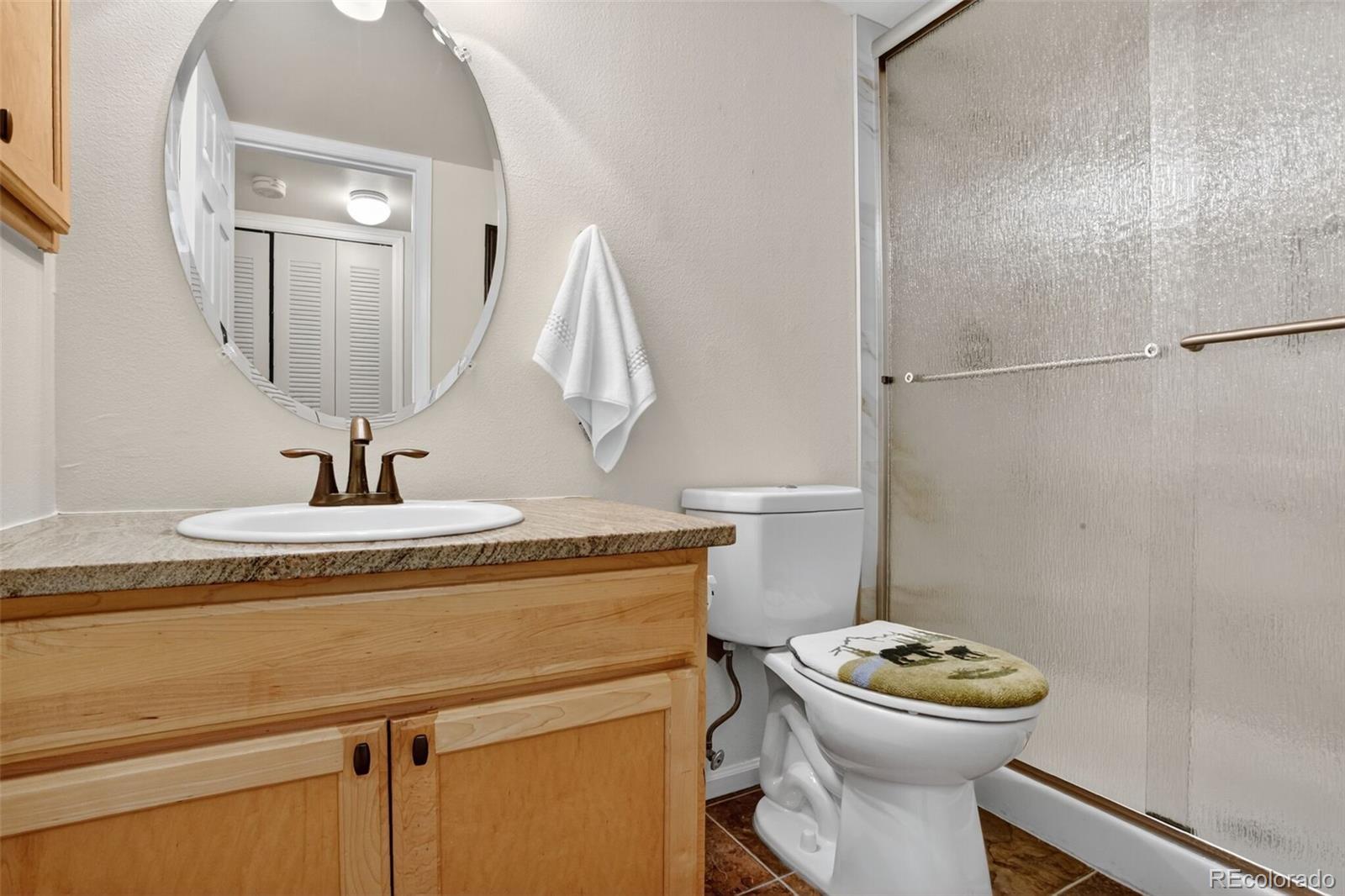 23660 Pondview Place, Unit E Golden, CO 80401 - Photo 17 of 26 a bathroom with a sink a toilet and a mirror