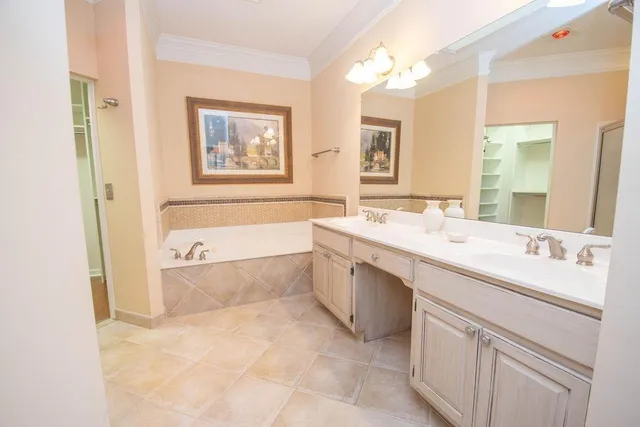 a bathroom with a bathtub a sink and a mirror