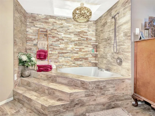 a bathroom with a bathtub
