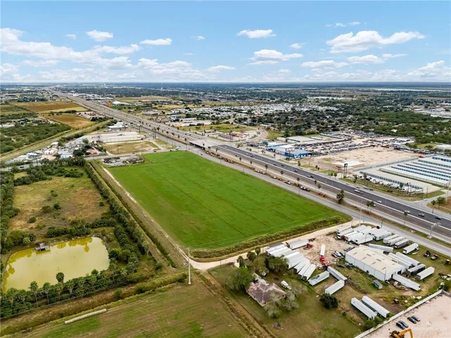 an aerial view of a pool
