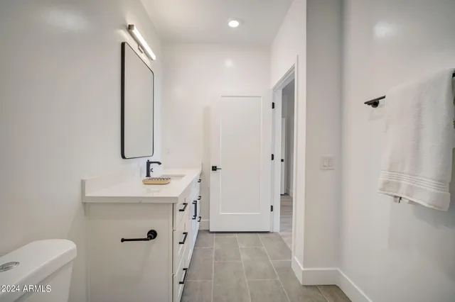a bathroom with a sink a toilet and mirror