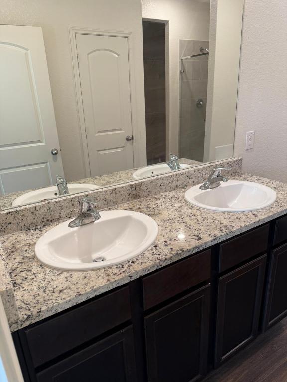 14325 Boomtown Way Elgin, TX 78621 - Photo 25 of 29 a bathroom with a granite countertop sink and a mirror