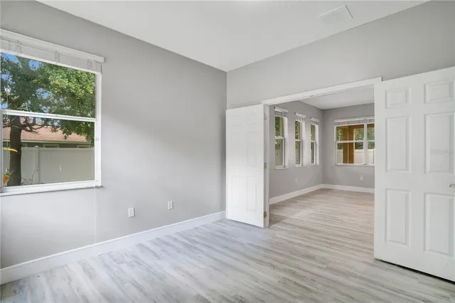 a view of a backyard with plants and large trees