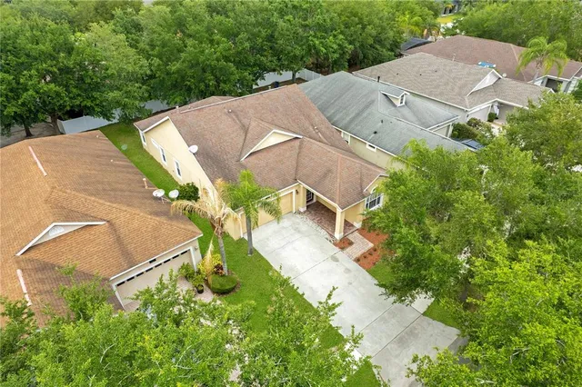 an aerial view of a house with a yard and a large tree