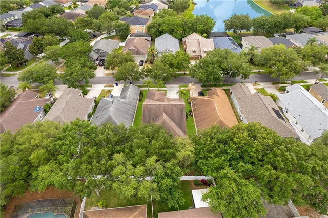an aerial view of a house with a garden