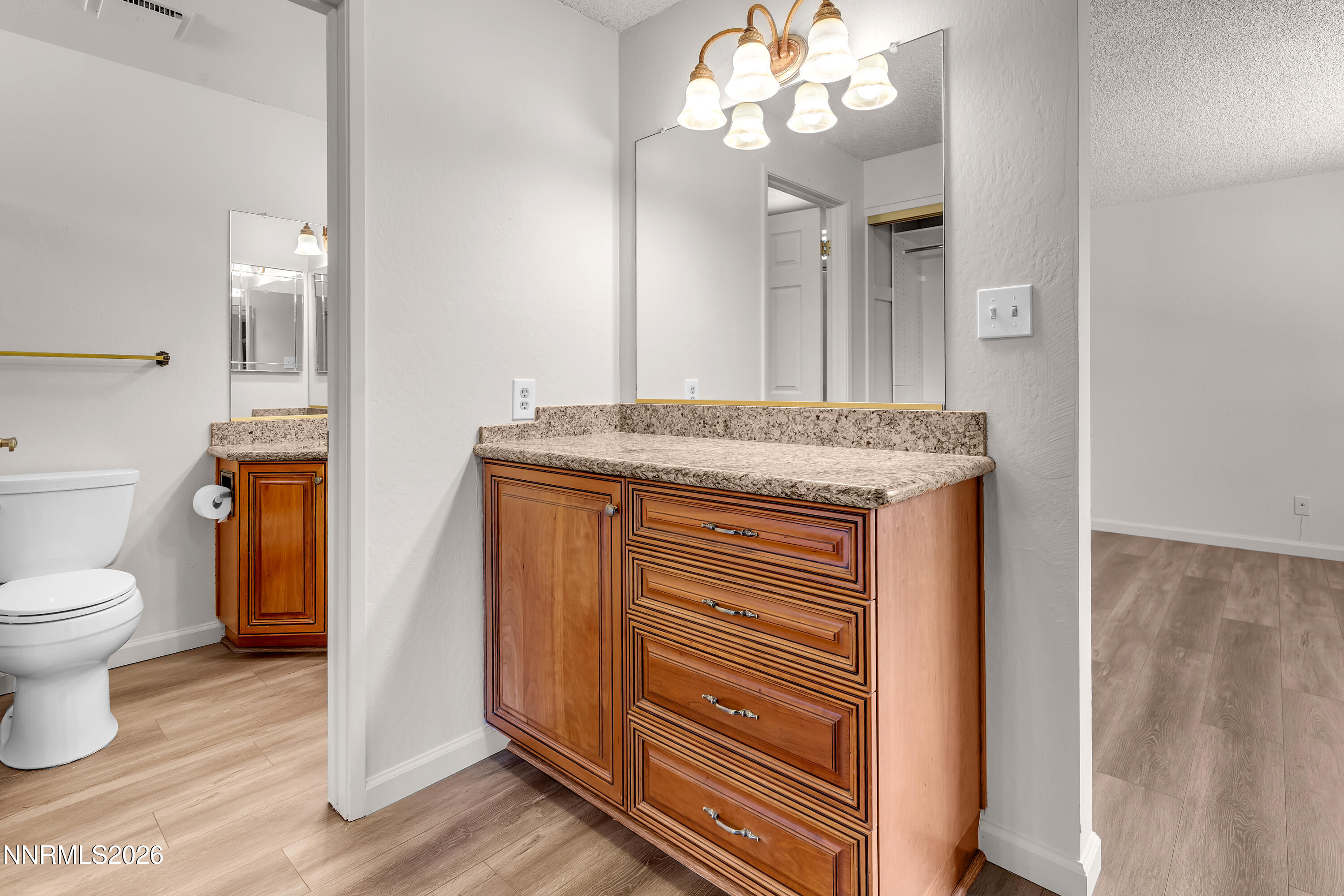 4505 Gorc Way Reno, NV 89502 - Photo 29 of 48 a bathroom with a granite countertop sink a toilet and a mirror