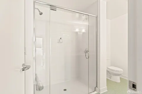 a bathroom with a shower and a toilet