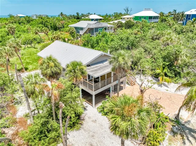 an aerial view of a house with a yard and large trees
