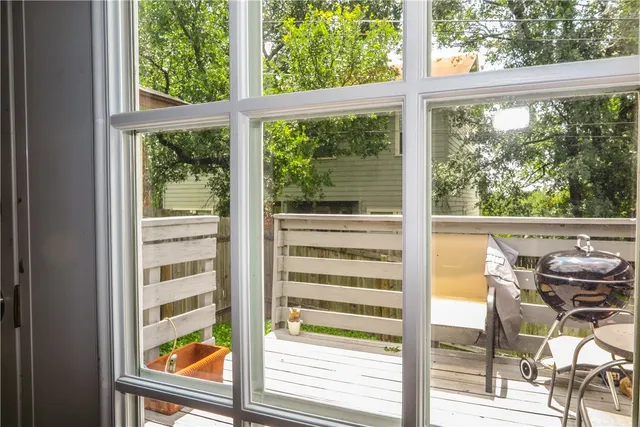 a view of a city from a dining room