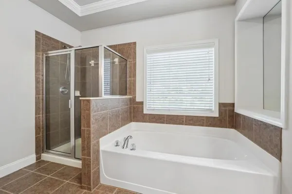 a bathroom with a bathtub and a shower