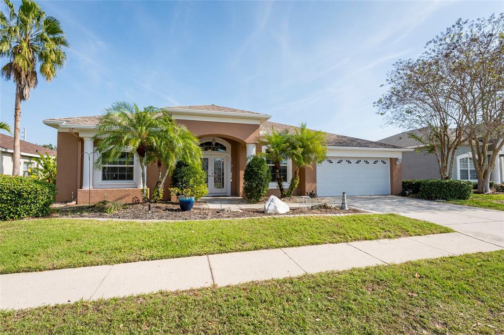 a view of a house with a yard and palm trees