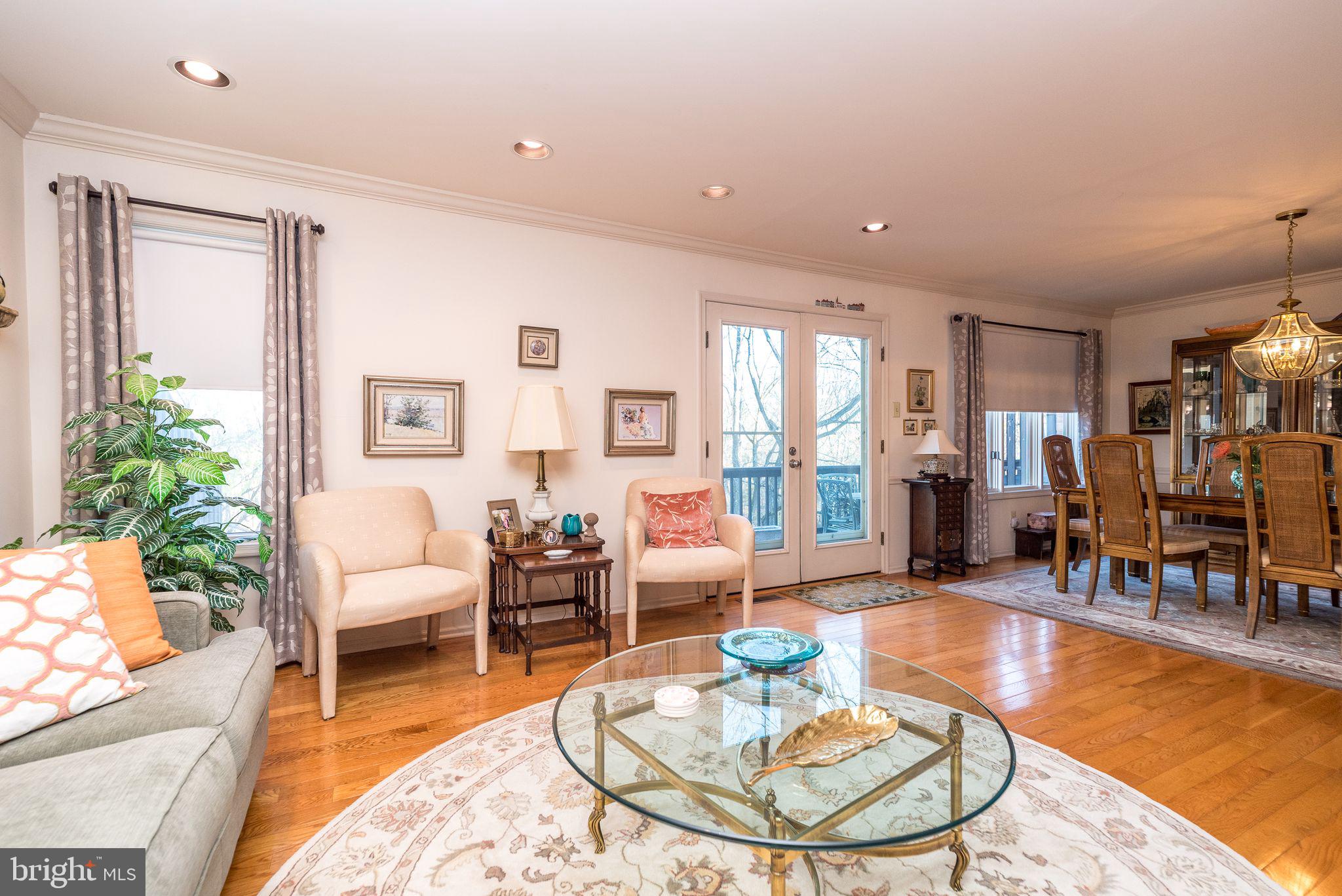 a living room with furniture a dining table and a potted plant