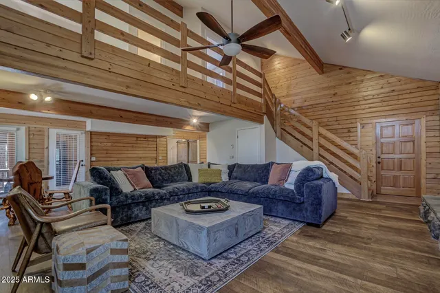 a view of a park with large trees