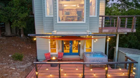 a view of a brick building with many windows