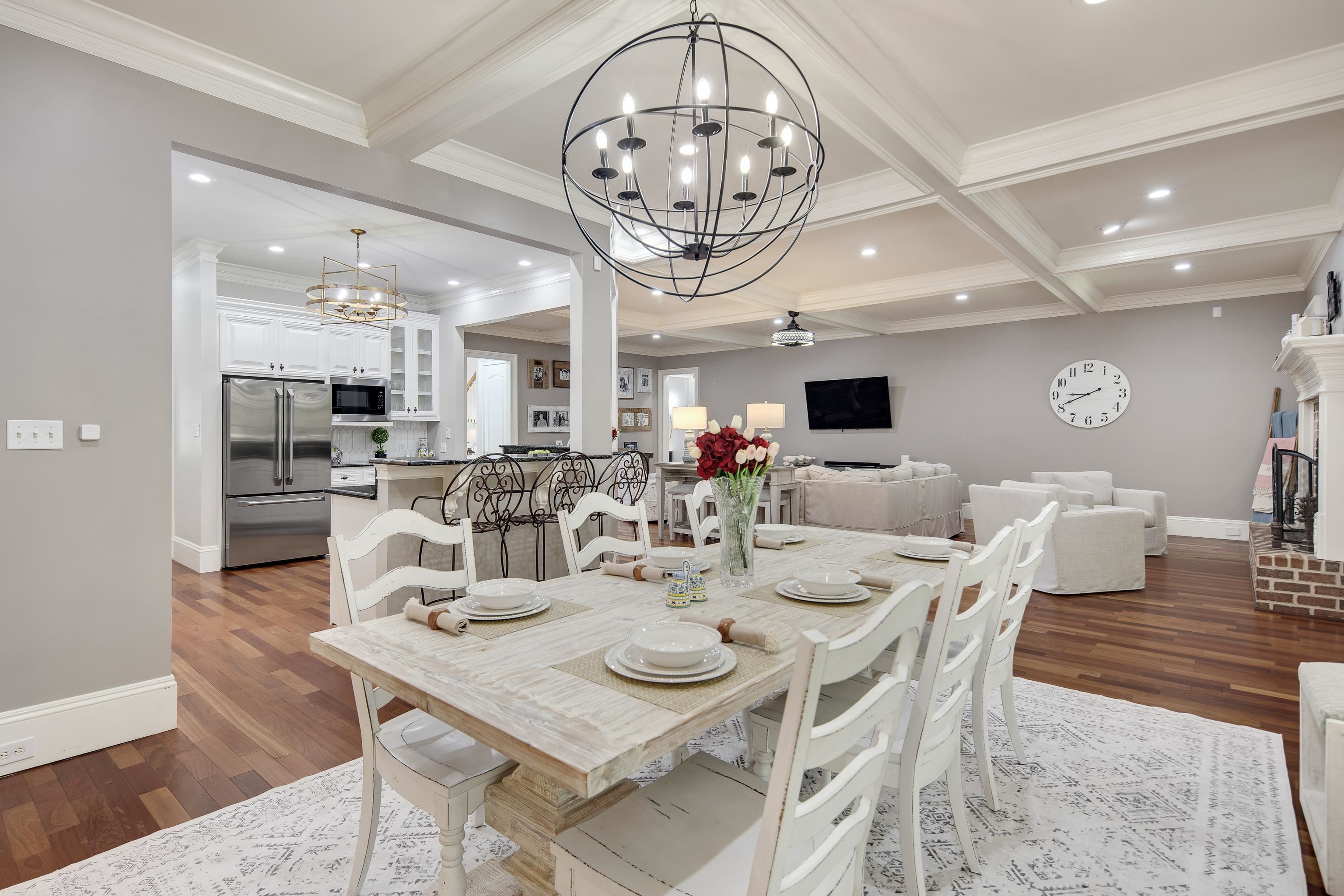 159 Lynn Road Eads, TN 38028 - Photo 13 of 40 Dining area with coffered ceiling, beam ceiling, dark hardwood / wood-style flooring, and crown molding