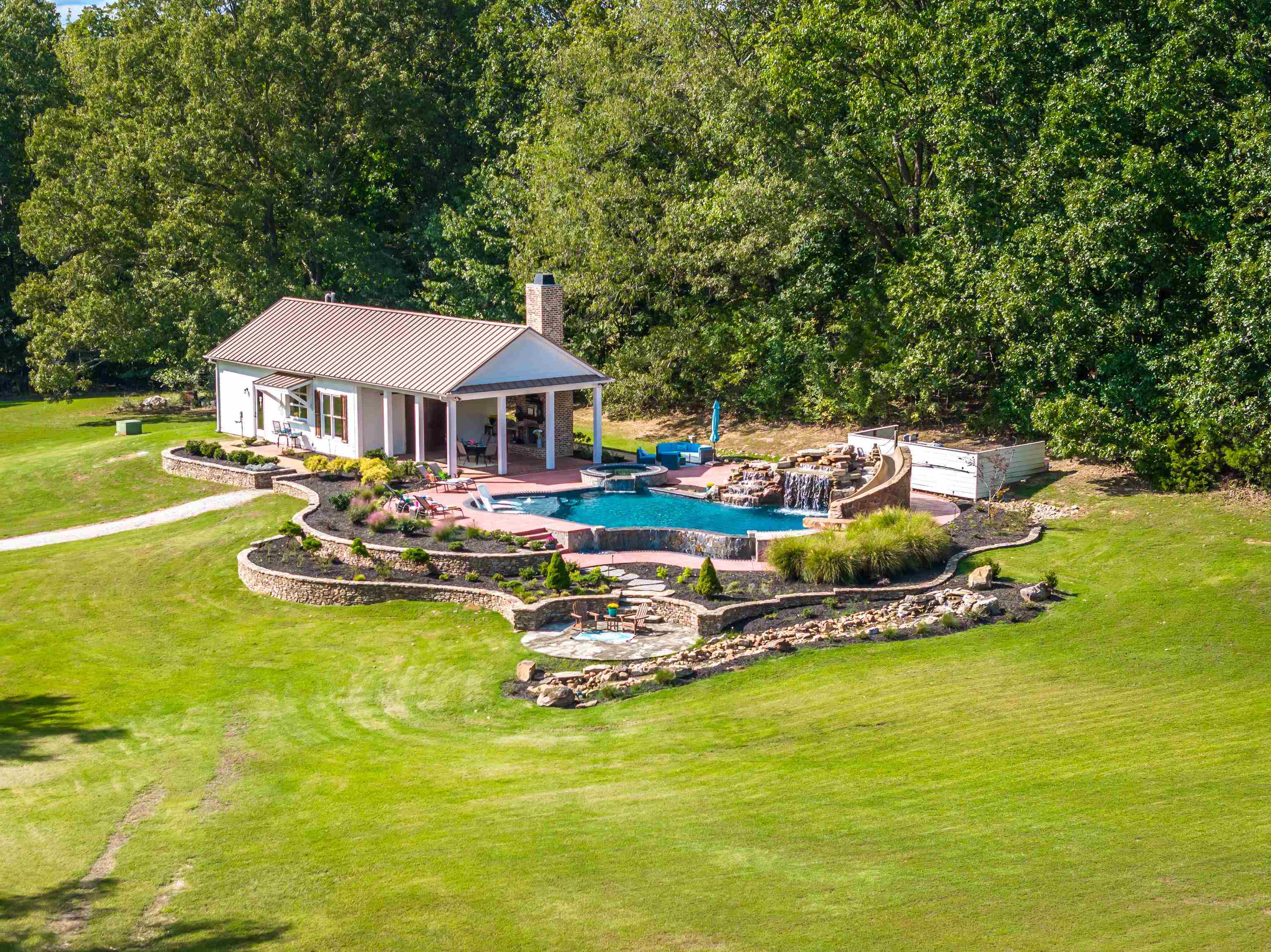 159 Lynn Road Eads, TN 38028 - Photo 2 of 40 Aerial View of the private Luxurious Salt Water Pool and Pool house designed to provide a vacation-like experience for the lucky owner of this estate! Absolutely NO EXPENSE was spared when designing this oasis!